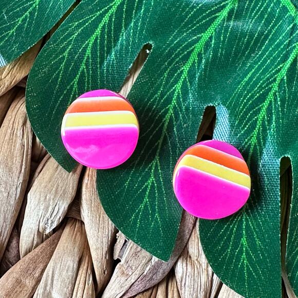 BOGO FREE Pink yellow stripe button earrings - Picture 1 of 4